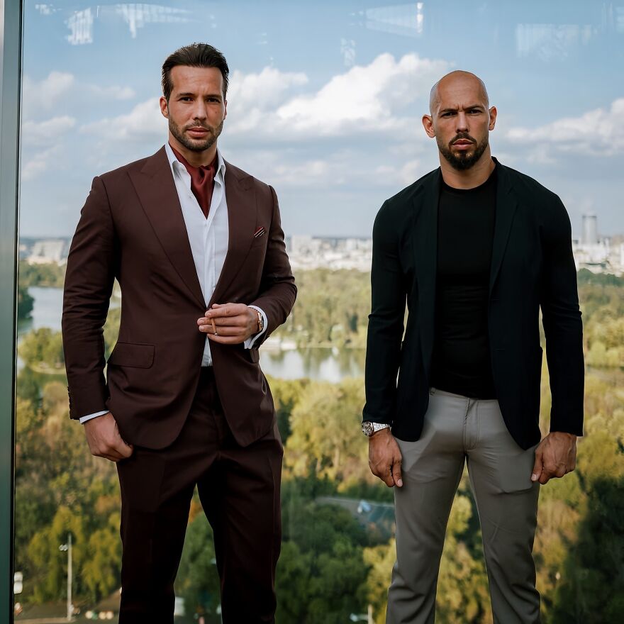 Tate brothers in formal attire standing by a window with a city view, highlighting Tristan Tate net worth influence in 2025. Tate brothers in formal attire standing by a window with a city view, highlighting Tristan Tate net worth influence in 2025.