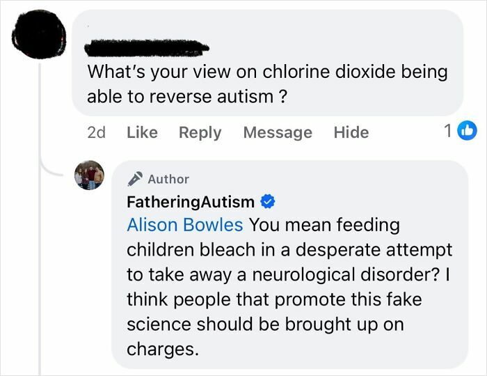 Screenshot of a social media comment discussing absurd scientific takes about chlorine dioxide and autism.