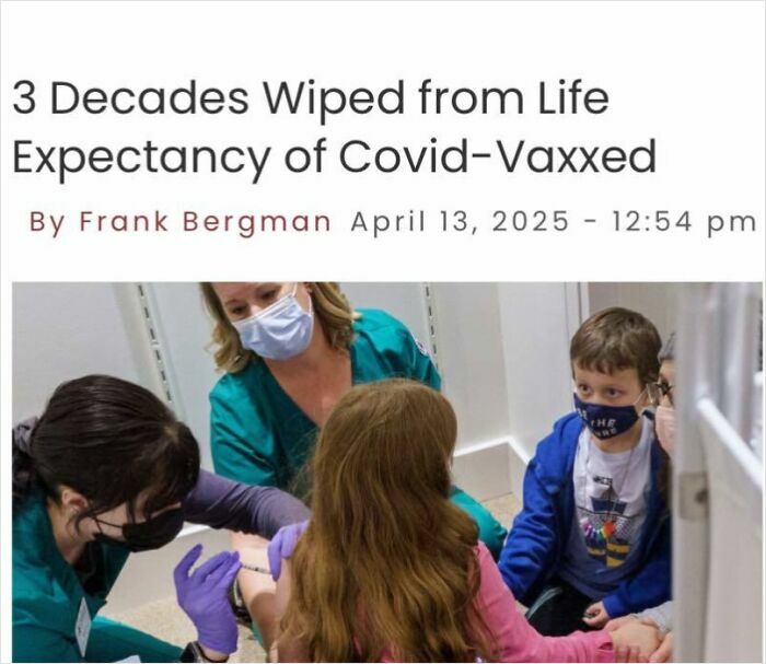 Medical staff with masks vaccinating a child while another child watches, illustrating absurd scientific takes on modern society.