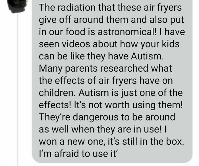 Screenshot of a social media post sharing absurd scientific claims about air fryers, reflecting modern society's misunderstandings.