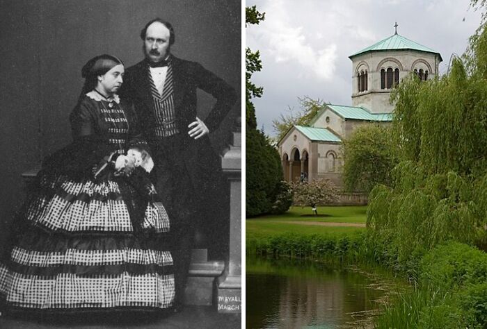Black and white photo of Victorian couple beside a historic church surrounded by greenery, related to celebrity graves.