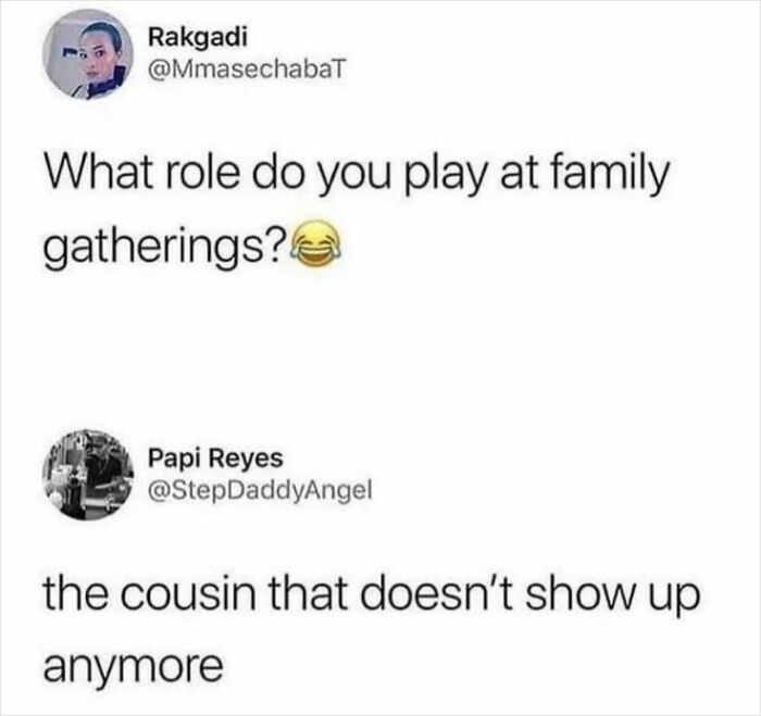 Twitter exchange humor about family gatherings highlighting men humor memes coping with social situations.