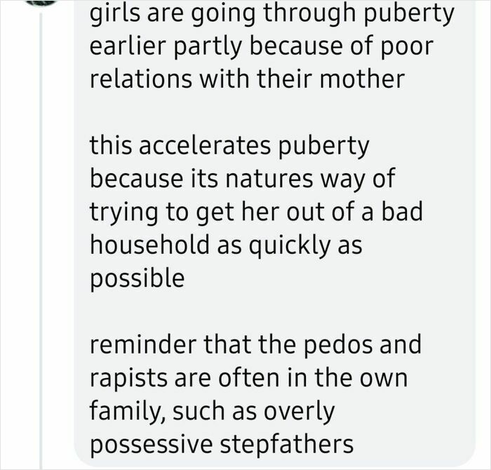 Text excerpt discussing puberty acceleration and family dynamics as an example of absurd scientific takes on modern society.