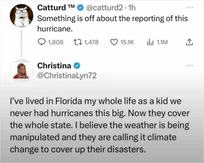 Screenshot of a tweet discussing absurd scientific takes on climate change and hurricane reporting in modern society.