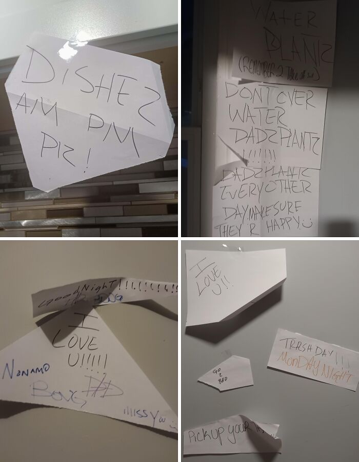 Handwritten funny and wholesome notes from parents to kids taped around the house, showing playful and loving reminders.