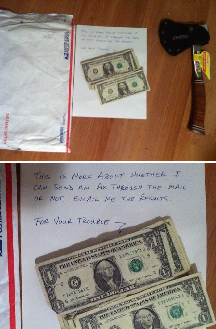 A handwritten note testing if an ax can be sent by mail, with two dollar bills as a funny and wholesome parent gesture.