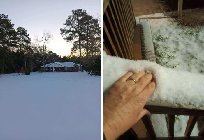 Snow-covered backyard and a hand touching fresh snow on a deck railing showing funny and wholesome parent moments.