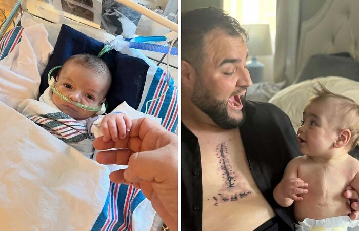 Baby in hospital holding parent's hand and father with baby sharing a joyful and wholesome moment at home