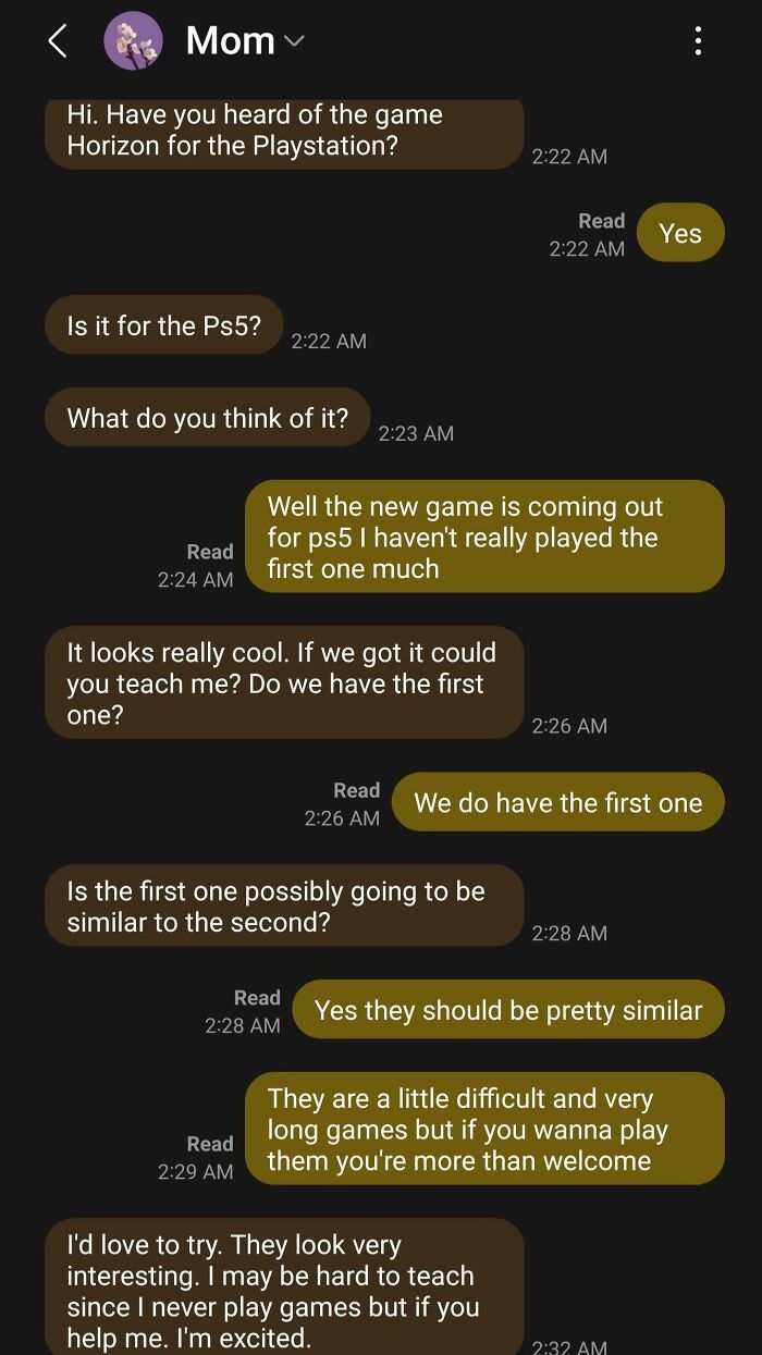 Text message conversation between a parent and child showing a wholesome chat about playing video games together.