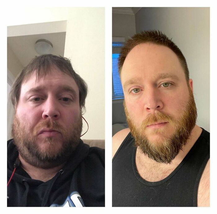 Side-by-side photos showing a man's impressive glow-up with a neater beard and sharper appearance indoors.