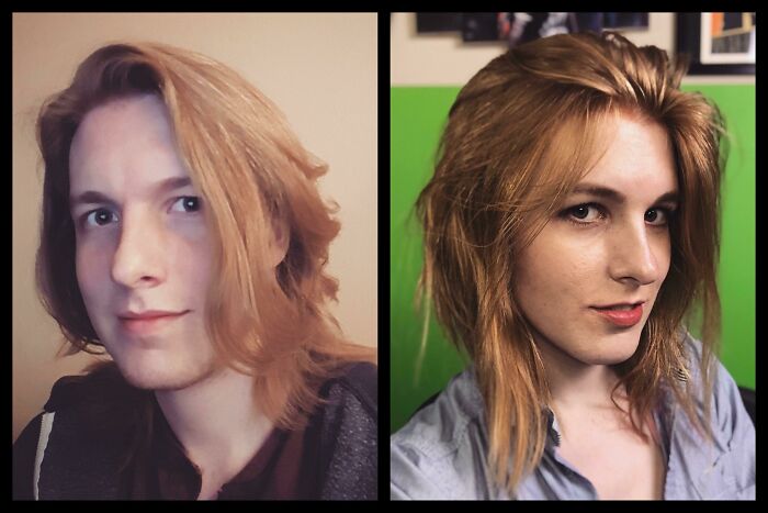 Side-by-side photos showing a dramatic glow-up transformation with improved hair and makeup details.