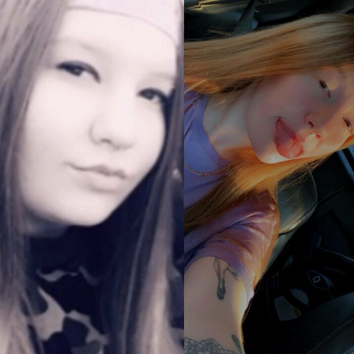 Side-by-side photos showing a dramatic glow-up transformation with improved style and confidence in natural light.