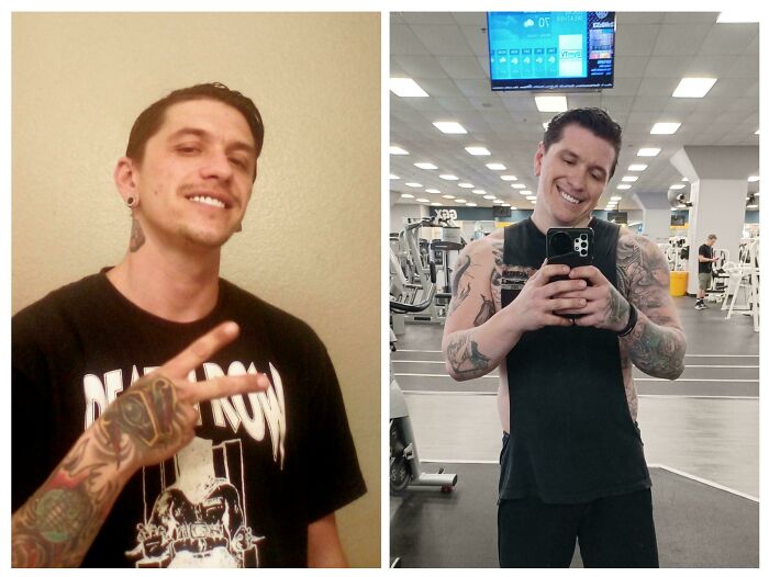Man showing glow-up transformation with tattoos, smiling in casual wear and later in gym attire taking a mirror selfie.