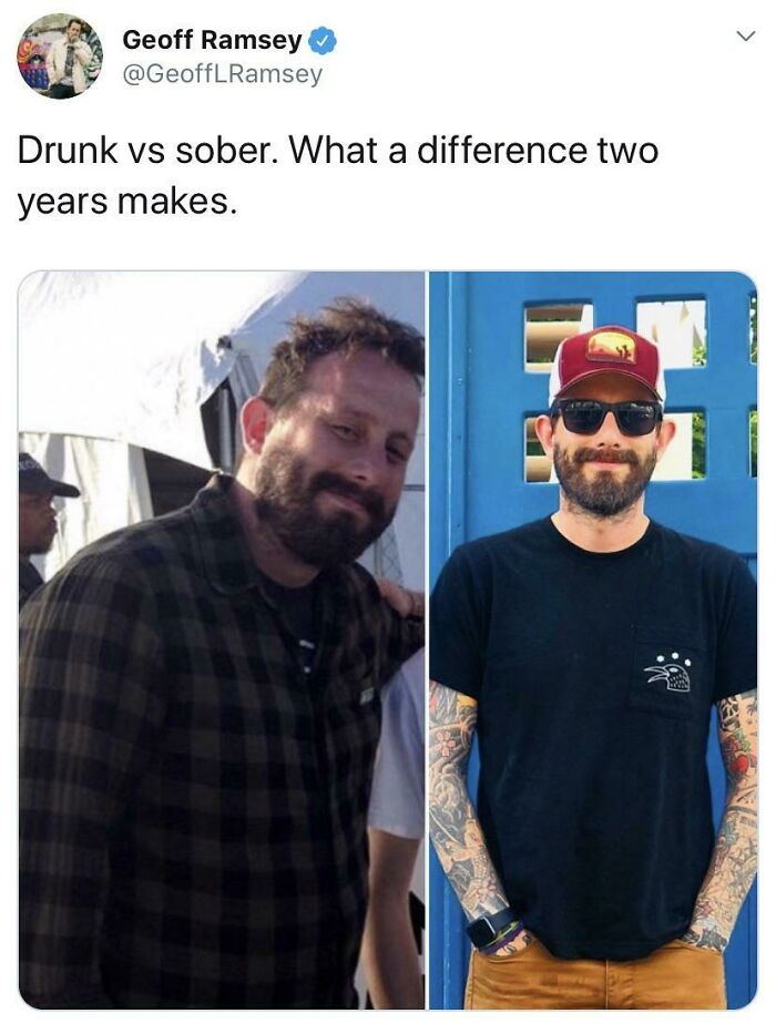 Side-by-side comparison of a man’s glow-up showing a healthier and happier appearance over two years.