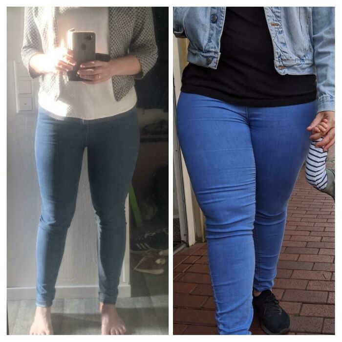 Before and after photos of a woman showing one of the best glow-ups in blue jeans and casual outfits.