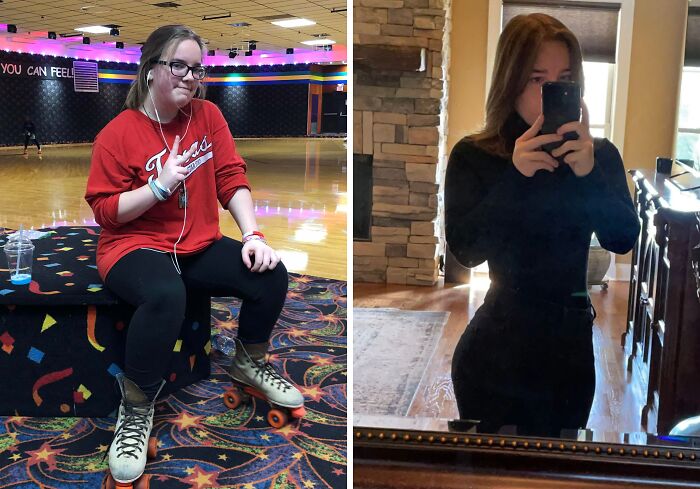 Before and after glow-up transformation showing a young woman roller skating and later taking a mirror selfie indoors.