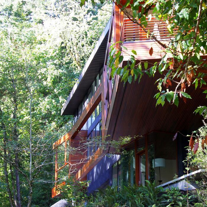 Modern TV house with wood paneling and large windows surrounded by trees, showcasing iconic TV houses in real life.