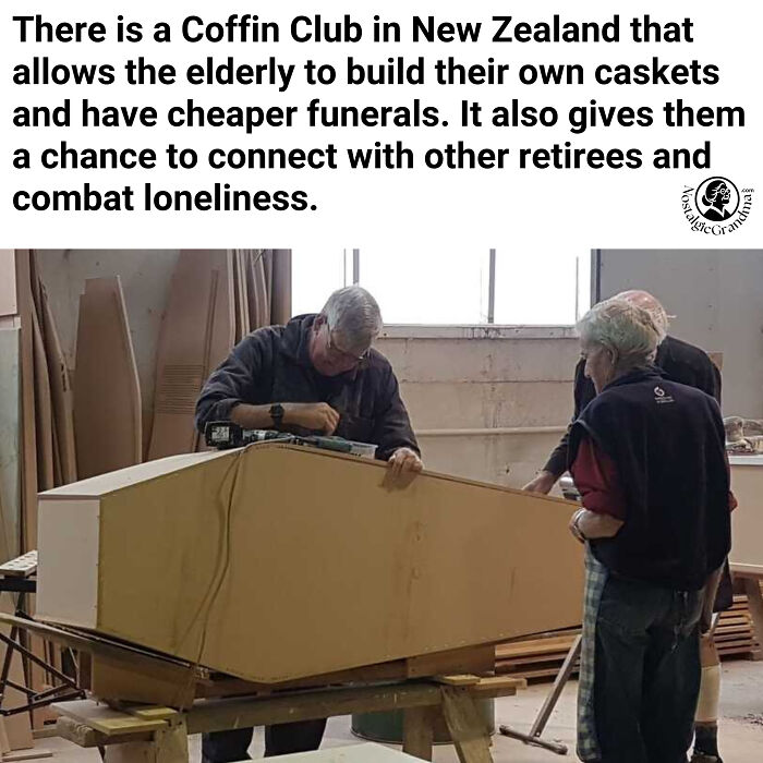 Elderly people building their own caskets at a Coffin Club in New Zealand, promoting connection and cheaper funerals.