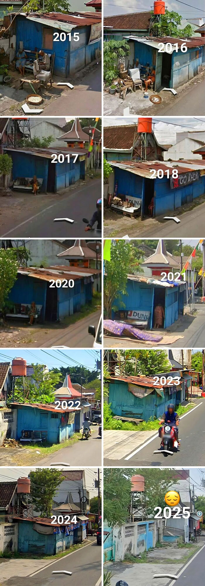Series of images showing the gradual decay of a blue roadside shack from 2015 to 2025 inspiring facts better than watching the news
