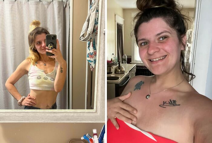 Side-by-side photos showing a woman’s inspiring glow-up with confident smiles and casual outfits indoors.