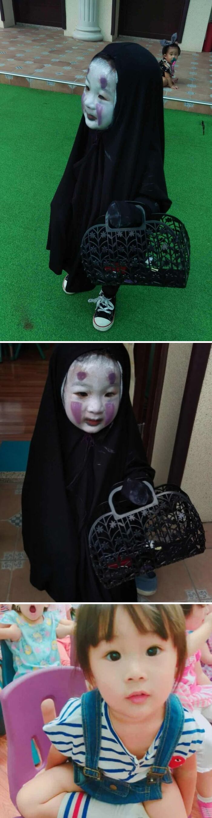Child in face paint and costume carrying a basket, showing inspiring facts that are better than watching the news.