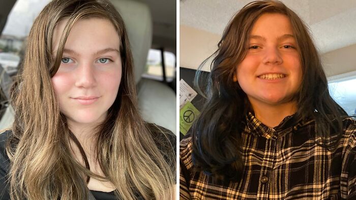 Side-by-side photos of a young woman showing a glow-up with hair color and style changes, smiling in both images.