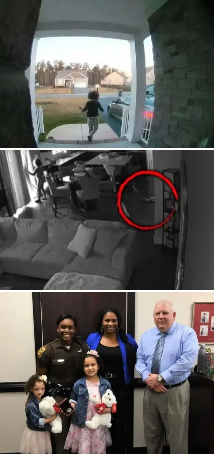 Child rescued inside home shown in security footage, posing with police and family, inspiring facts about safety and hope.