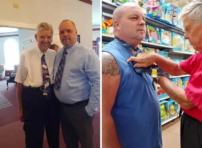 Two men wearing ties, one helping the other adjust his tie, showcasing inspiring facts about kindness and care.