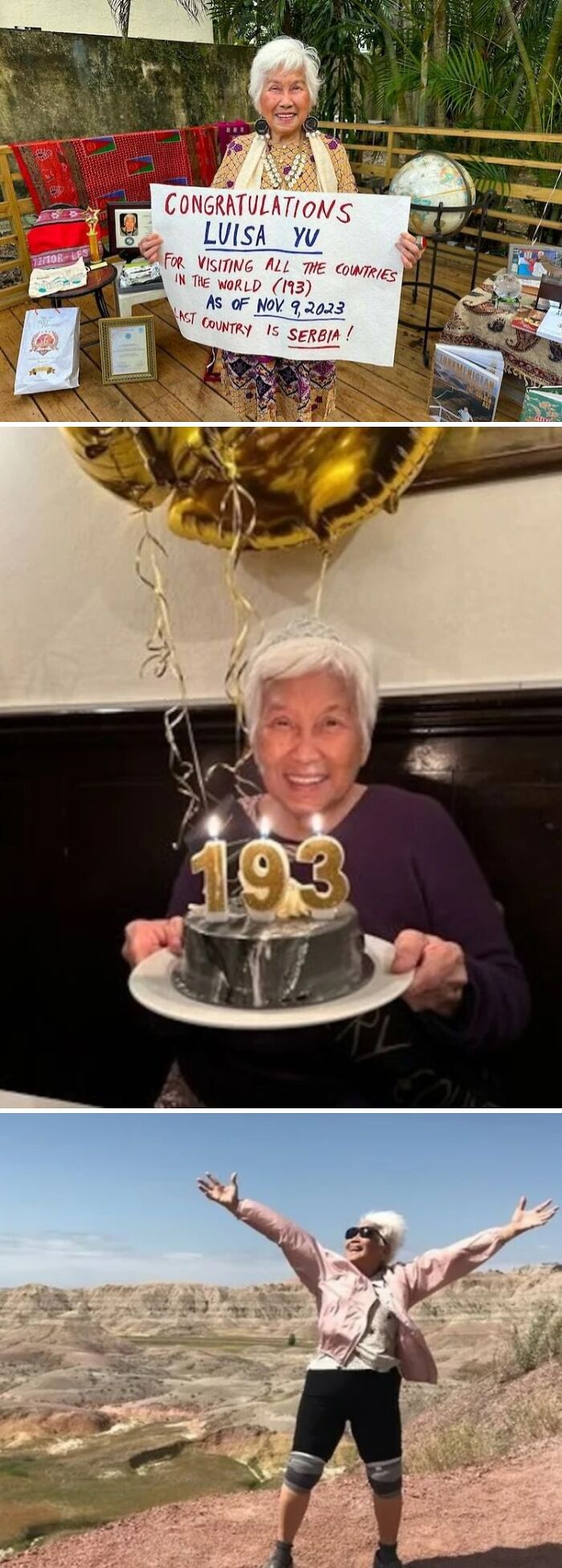 Elderly woman celebrating traveling to all 193 countries, holding a cake with 193 candles and posing outdoors.
