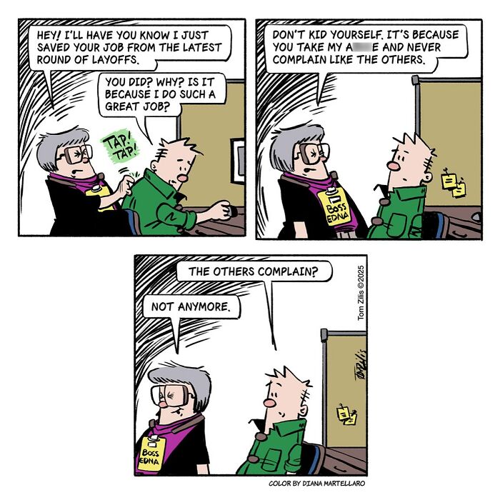 Comic strip showing quirky office humor with a boss and employee in a funny comic capturing the quirky side of life.