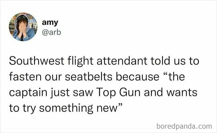 Tweet about a Southwest flight attendant humorously telling passengers to fasten seatbelts to try something new, trending on the internet.