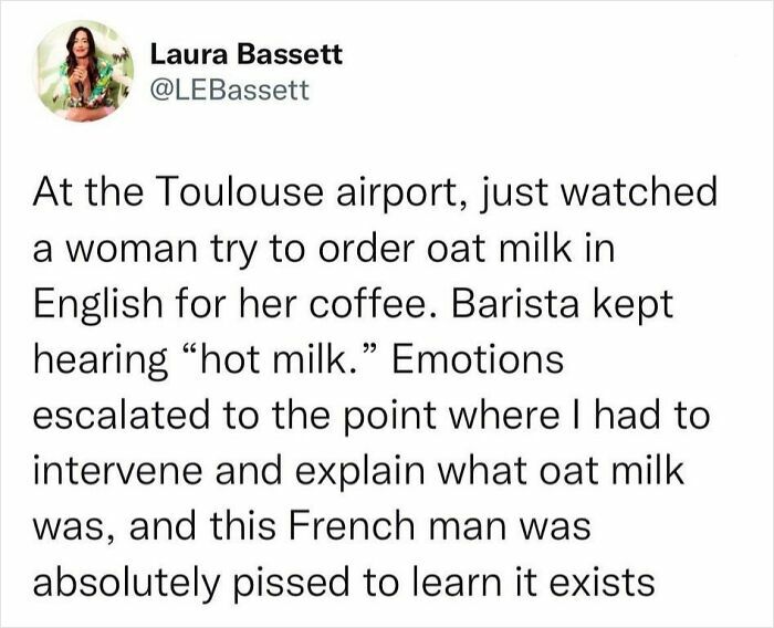 Tweet about a funny airport miscommunication involving oat milk, showcasing hilarious truth that won the internet.