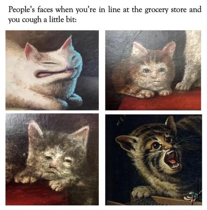 Four medieval cat paintings showing funny and distorted expressions, highlighting historical obsession with cats.
