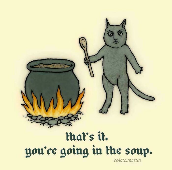 Medieval cat standing next to a pot over fire holding a spoon with caption about cats going in the soup.