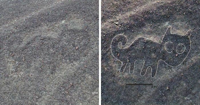 Faint medieval cat paw prints in dirt next to an outlined cartoon cat drawing showing cat obsession in history.