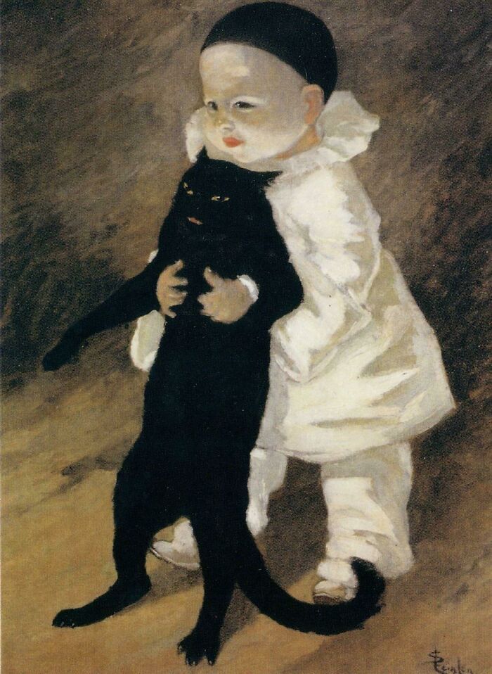 Child in medieval attire holding a large black cat, showcasing medieval cats in historical artwork.