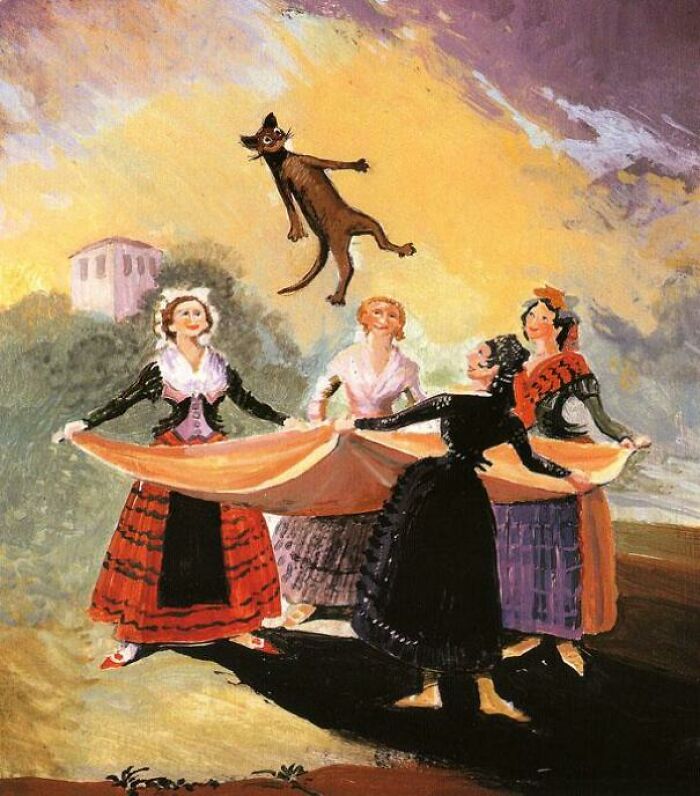 Four women in medieval dresses tossing a cat into the air, illustrating medieval cats and human obsession with cats.