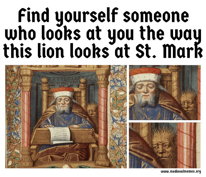 Medieval cat hidden behind a lion statue in an illuminated manuscript scene at St. Mark’s, showcasing medieval cats in art.