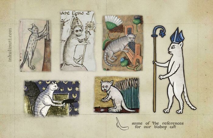 Medieval cats illustrated in various scenes, showcasing historical human fascination with cats through art and manuscripts.