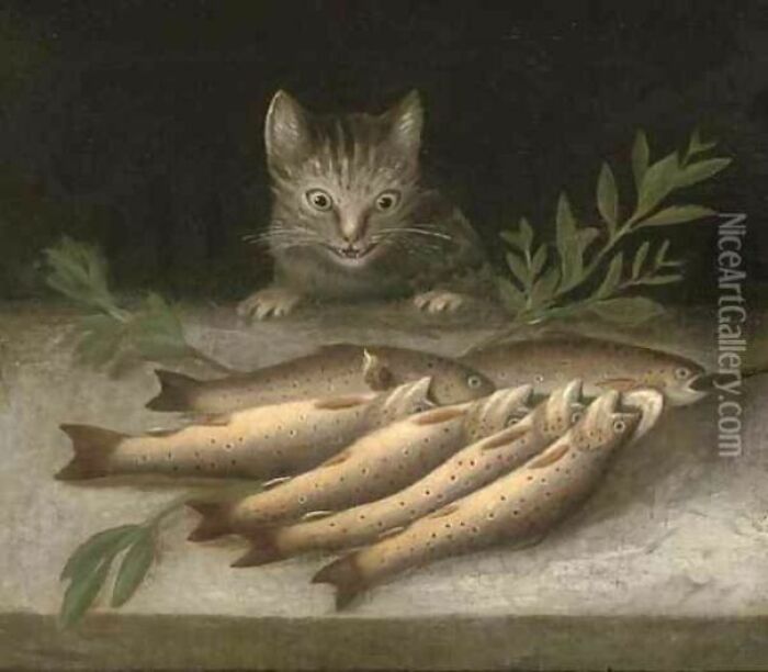 Medieval cat staring intently at a row of fish on a flat surface with some green leaves nearby.