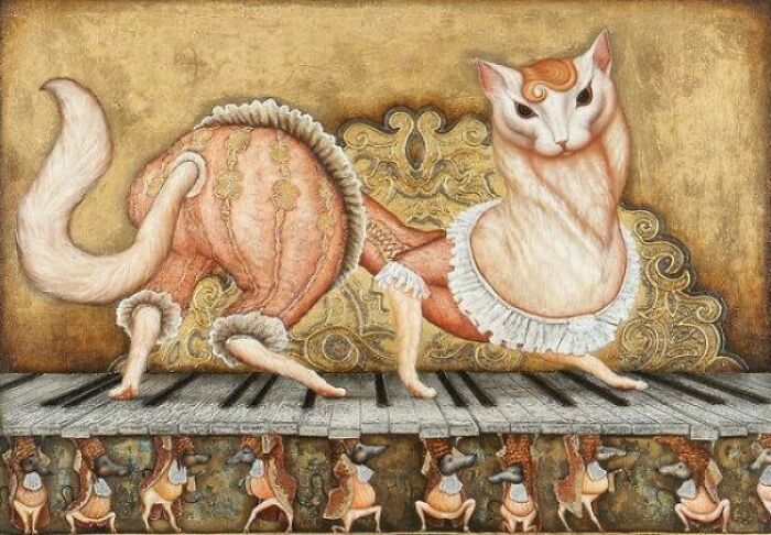 Medieval cat dressed in ornate clothing walking on a wooden platform with small animals below, reflecting medieval cats art style.