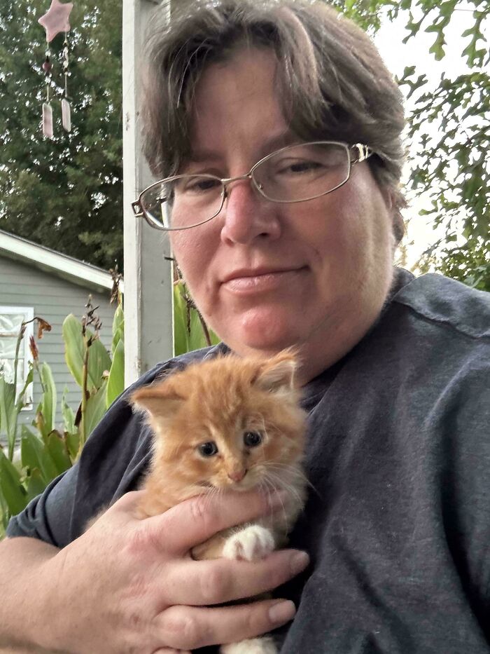 Person wearing glasses holding an adorable adopted kitten outdoors, showcasing the bond of adopted animals rescuing their humans.