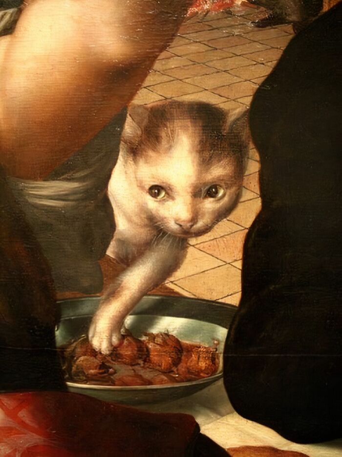 Medieval cat reaching into a bowl of food on a tiled floor, showing historical fascination with cats in art.