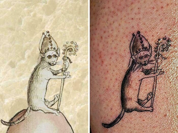 Medieval cats illustration beside a matching tattoo of a cat wearing a bishop’s hat and holding a staff on skin.