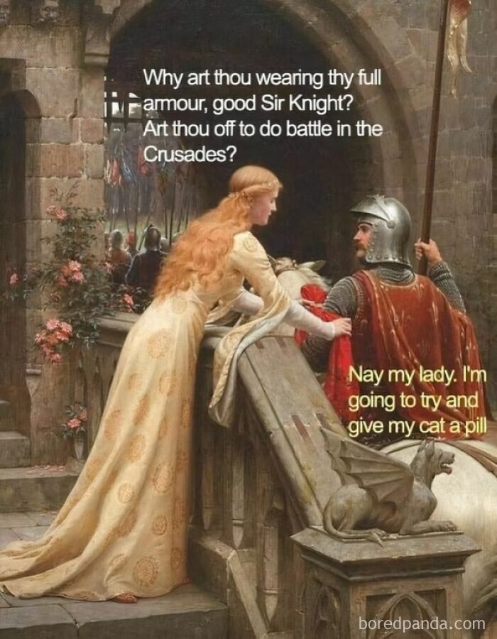Medieval scene with a knight in armor and a lady discussing giving a cat a pill, showcasing human obsession with cats.