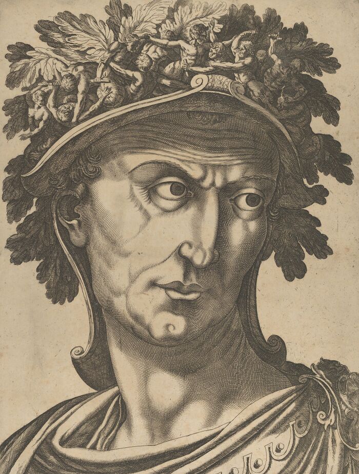 Detailed black and white historical engraving of a man wearing an elaborate laurel wreath helmet, representing famous historical quotes.