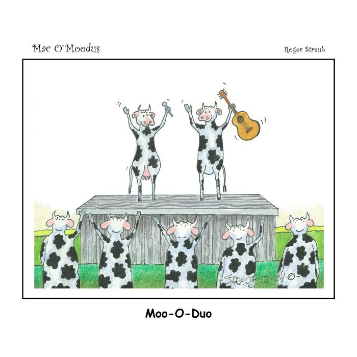 Mac O’Moodus comic showing two cows performing music on stage with an audience of cows cheering below.