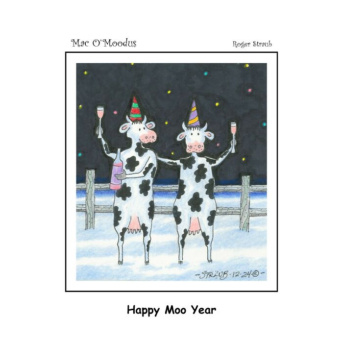 Two cows in party hats holding drinks outdoors at night, playful Mac O’Moodus comics by Roger Straub.