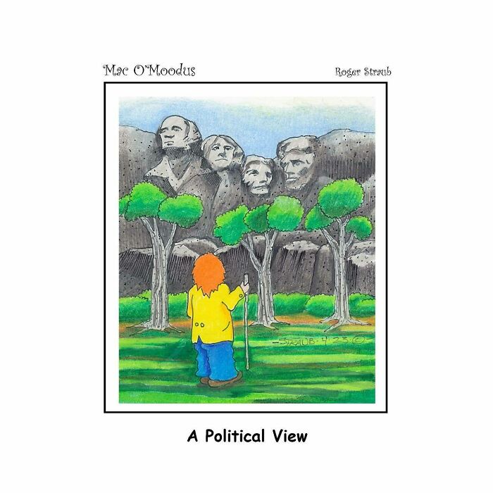 Mac O’Moodus comic shows a character viewing carved political faces on a mountain, highlighting playful pun humor.