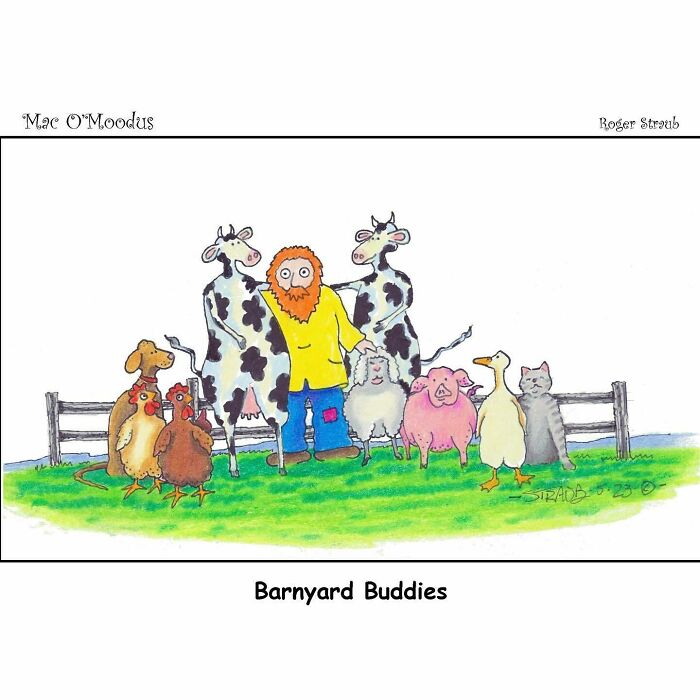 Mac O’Moodus comic featuring a farmer with various barnyard animals illustrating playful puns and humor.